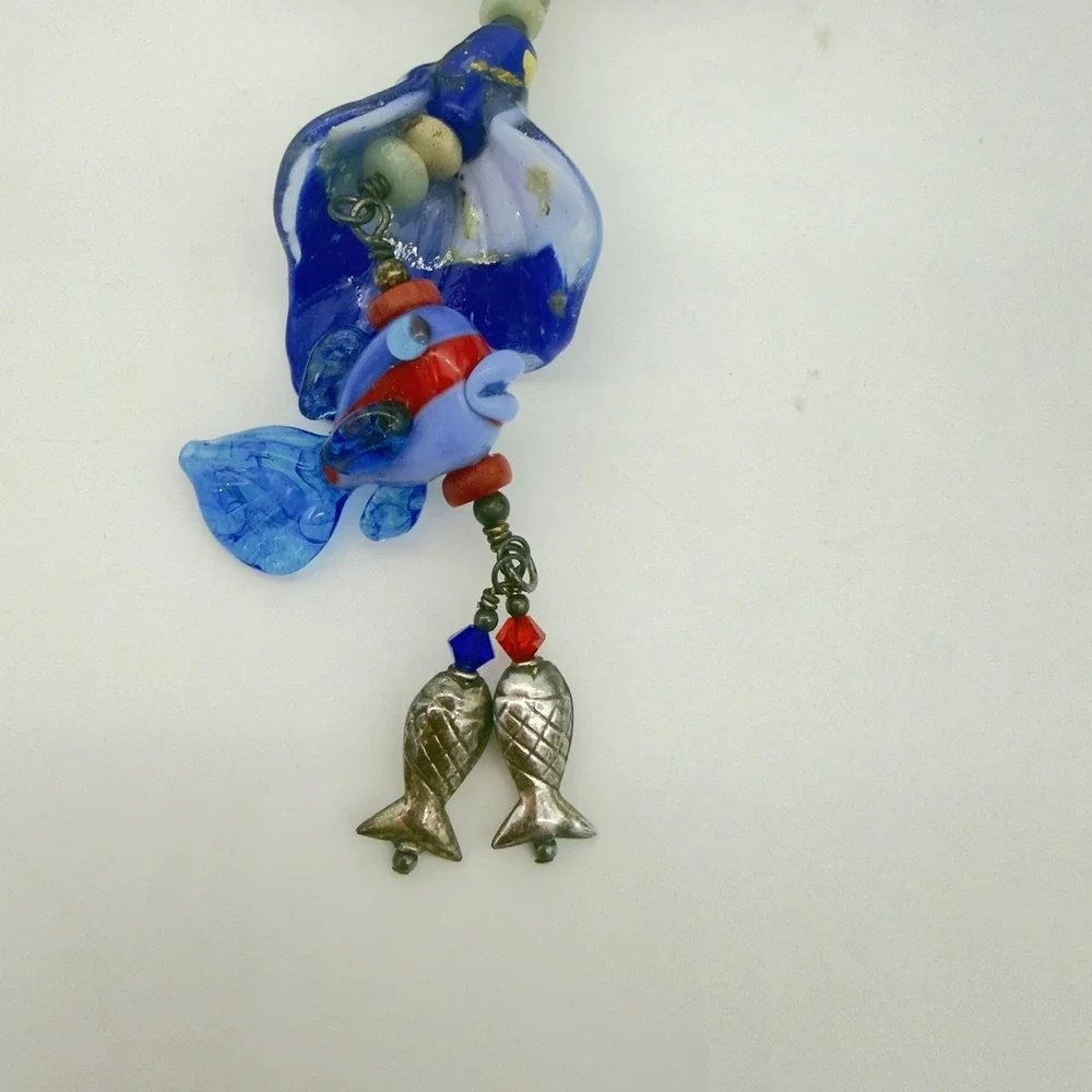 Vtg Sterling Silver Hand blow Glass Bead Necklace Fish Red Coral Y Drop Signed